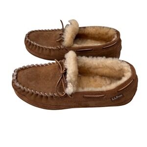LL Bean Wicked Good Moccasins Mens 8 Brown Suede Shearling Slippers Stuffed Warm